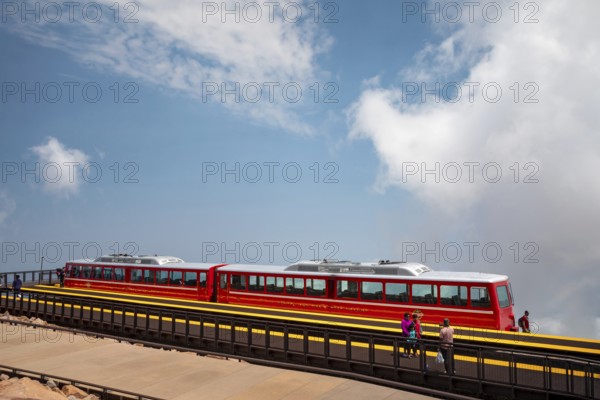 Colorado Springs, Colorado - The Manitou and Pikes Peak Railway at the summit of Pikes Peak. The cog railway takes tourists to the summit of the 14, 115-foot mountain