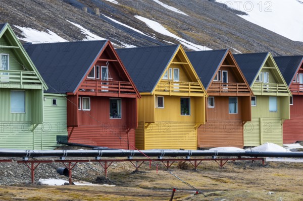 Colourful wooden houses in Riehe, Longyearbyen, Spitsbergen, Svalbard