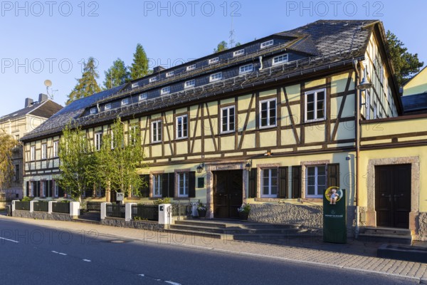 Head office of the Wendt & Kühn company, which produces painted wooden figures, Erzgebirgisches Holzkunst, Grünhainichen, Erzgebirge, Saxony, Germany