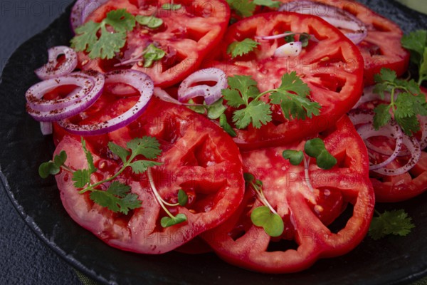 Freshly sliced tomatoes and red onions, garnished with herbs, on a black plate, summer salad, no people