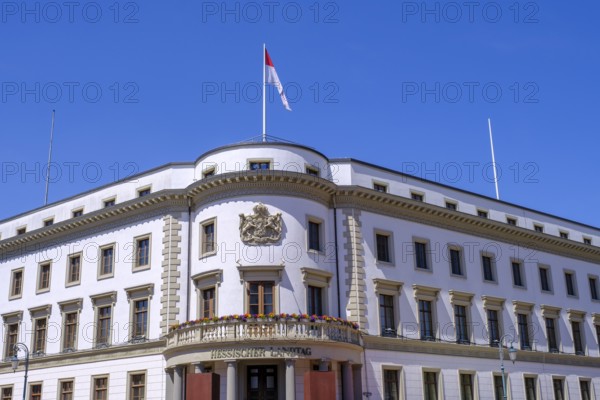 Hessian state parliament with state flag in the former Nassau city palace, Wiesbaden, Hesse, Germany