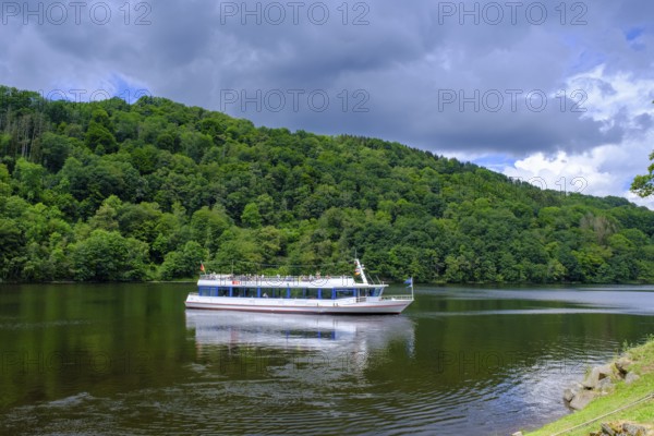 Excursion boat on the Rursee, Rursee boat trip, Rur dam, Rur reservoir, Einruhr, North Eifel, Eifel, North Rhine-Westphalia, Germany
