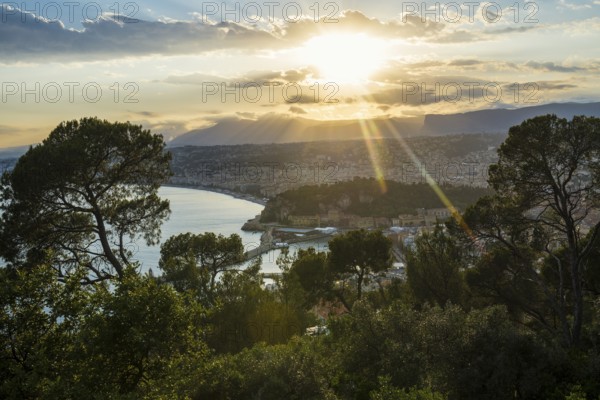 Panorama, Sunset, View from Mont Boron, Nice, Alpes Maritimes, Provence Alpes Cote d'Azur, French Riviera, South of France, France