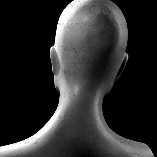 A back view of a mannequin highlights its smooth, featureless contours. The minimalist design creates an artistic silhouette against the dark background, enhancing its visual appeal