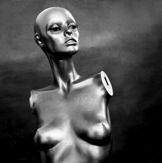 A reflective mannequin stands in a striking pose within a studio, highlighting its elegant features and sculptural quality, surrounded by a dark backdrop that enhances its artistic expression