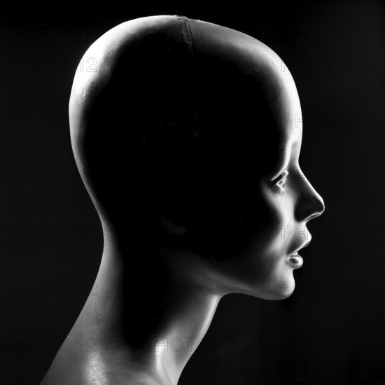 A mannequin head is highlighted in profile view with dramatic lighting that emphasizes its smooth lines and contours. The dark background enhances its artistic appeal and minimalist essence