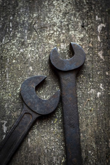 Close-up of two old, rusted wrenches on a wooden workbench, revealing their unique shapes and textured surfaces in a workshop setting, highlighting the passage of time