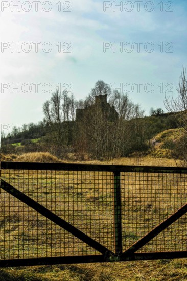 A picturesque view captures the ruins of a castle atop a hill, framed by a metal gate. The landscape features dry grass and scattered trees, France