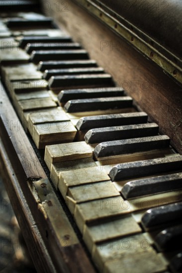 Focus on worn piano keys reveals the beauty of music and memories. The contrast in colors enhances the antique charm of this instrument, inviting reflection on its history