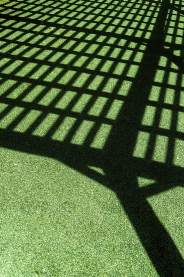 A grid of shadows falls across vibrant green turf, formed by a lattice overhead. The sunlight creates a striking contrast, emphasizing the textures and shapes present
