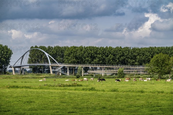 The Liniebrug, bicycle and pedestrian bridge over the Amsterdam-Rhine Canal near the village of Nigtechtew, spans the shipping canal at around 104 metres, the ramps on both sides of the canal are a good 500 metres long, gentle ascent for cyclists, connects various cycle paths south of Amsterdam, Netherlands