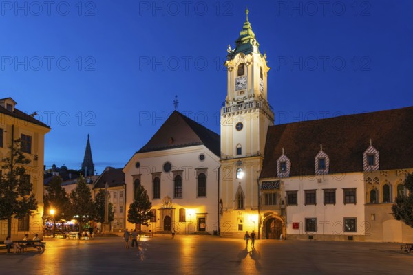 Night shot of the Main Square (Hlavné námestie) with the Old Town Hall in Bratislava, Slovakia