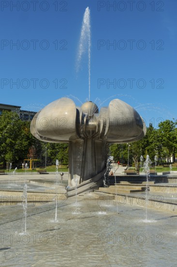 Freedom Square with a fountain in the shape of a lime blossom in Bratislava, Slovakia