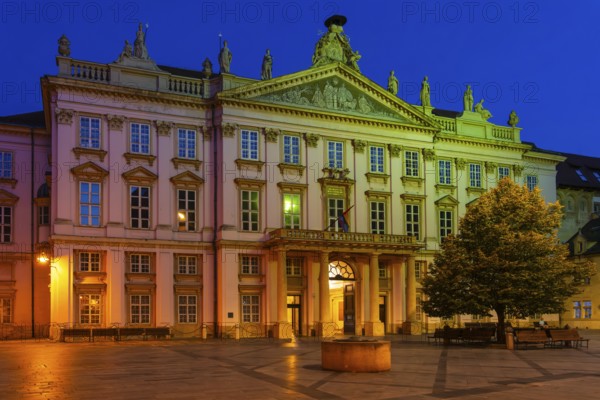 Night shot of Primitial Square with Primitial Palace in the historic centre of Bratislava, Slovakia