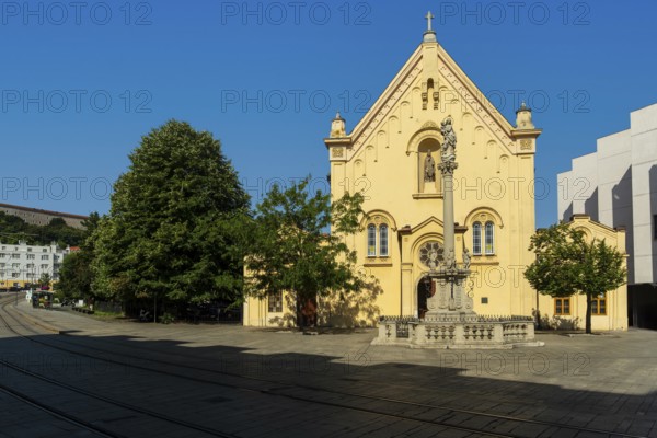 Capuchin monastery with a view of the castle in the city centre of Bratislava, Slovakia