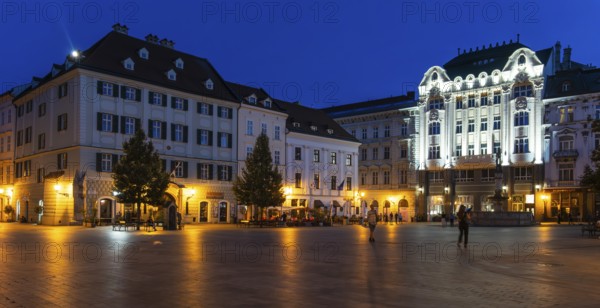 Night shot of the main square (Hlavné námestie) with Maximilian's Fountain in Bratislava, Slovakia