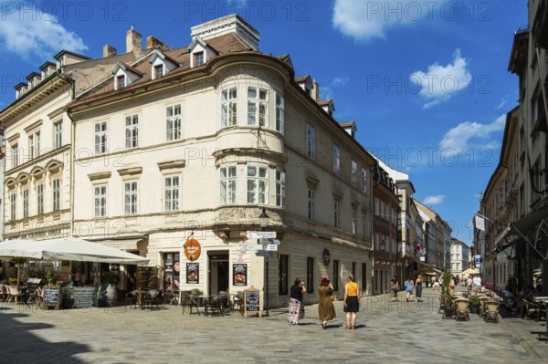 Streets with restaurants, shops and cafes in the historic centre of Bratislava, Slovakia