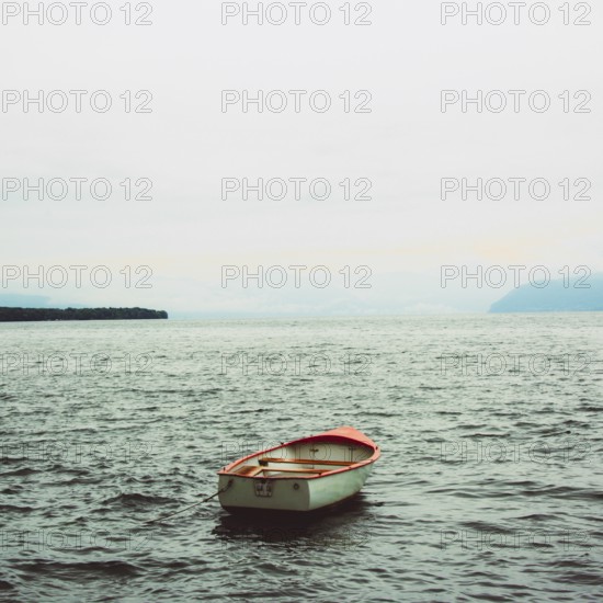 A rowing boat drifts quietly on the serene surface of Lake Geneva near Lausanne, Switzerland. The morning mist creates a peaceful ambiance as nature surrounds the scene
