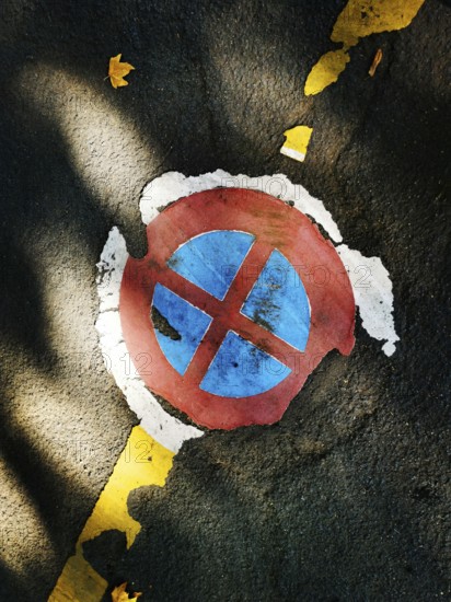 A circular parking symbol with red and blue colors appears worn and cracked on an asphalt surface. Yellow lines border the sign, and fallen leaves add a touch of autumn