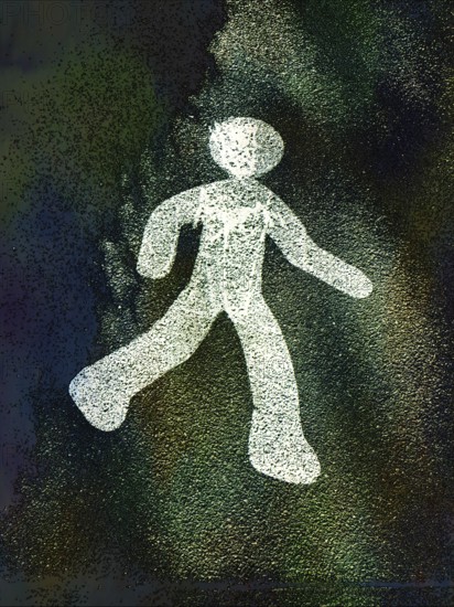 A simple yet striking outline of a walking figure in white stands out against a rich, textured dark background. The composition evokes a sense of motion and playfulness