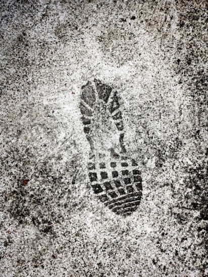 A distinct shoe print is marked on a wet surface, showing details of the tread pattern. Surrounding areas are blurred, hinting at a bustling urban environment after rain