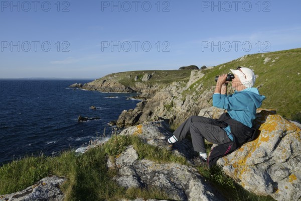 Woman with binoculars on the cliffs, Cap Sizun, Finistere department, Brittany, France