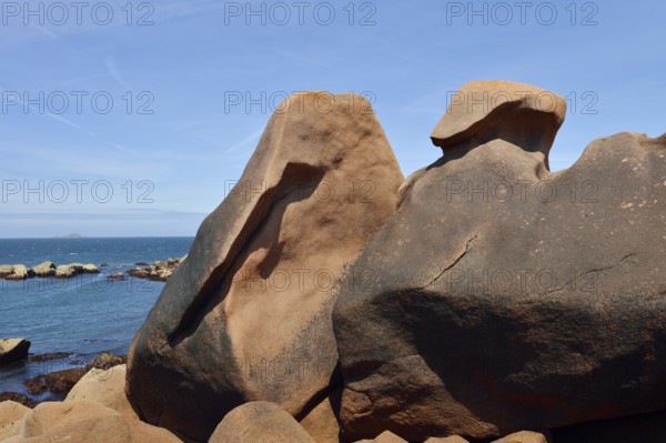 Granite rocks on the coast, Cote de Granit Rose near Ploumanac'h, Cotes-d'Armor, Brittany, France