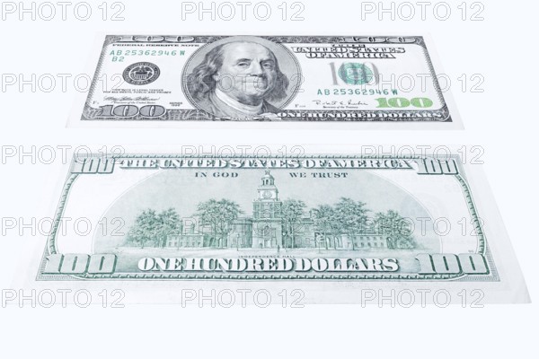 100 US dollar note, 100 dollar banknotes on white background