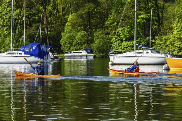 Kayaks and Boats on Windermere Lake, Fell Foot Park, Lake District, Cumbria, England, United Kingdom