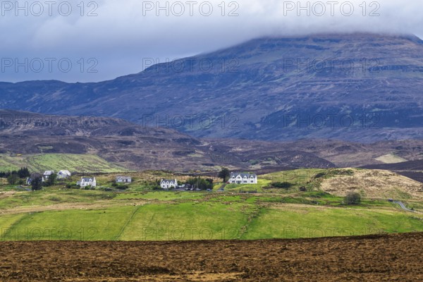 Farms over Loch Harport, Drynoch, Isle of Skye, Scotland, UK