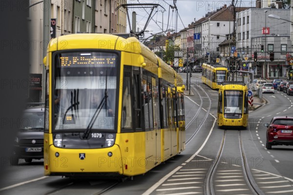 Ruhrbahn tram, on Altendorfer Straße, intersection Helenenstraße, in Essen, rush hour, traffic, Essen, North Rhine-Westphalia, Germany