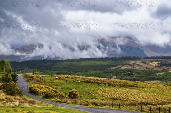 Nevis Range Mountains from Commando Memorial, Grampian Mountains, Fort William, Highland, Lochaber, Scotland, UK