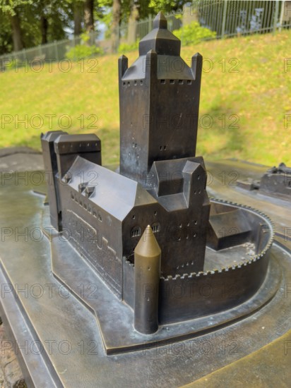 Small metal model of the original fortress building of the imperial palace of Emperor Frederick I Barbarossa, Kaiserswerth, Düsseldorf, North Rhine-Westphalia, Germany, built in the Middle Ages around 1184 on the present banks of the Rhine
