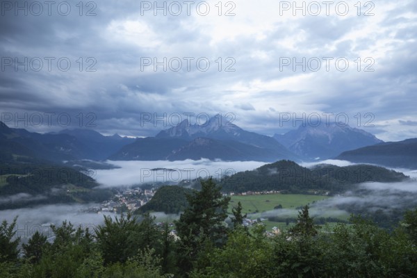 Marxenhöhe near Berchtesgaden with Watzmann view and morning mist after the rain