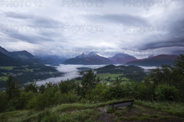 Marxenhöhe near Berchtesgaden with Watzmann view in the morning mist after the rain