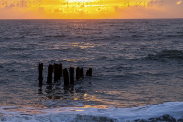 Sunset by the sea, waves, North Sea, Rantum, Sylt, Schleswig-Holstein