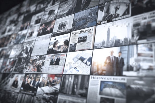 Collage of corporate mainstream media and international news coverage, AI generated