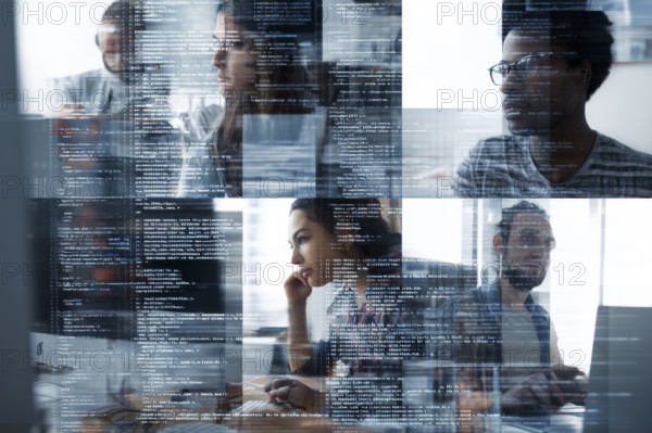 Collage of coders doing coding on transparent board. Concept of artificial AI programming and intelligence, AI generated