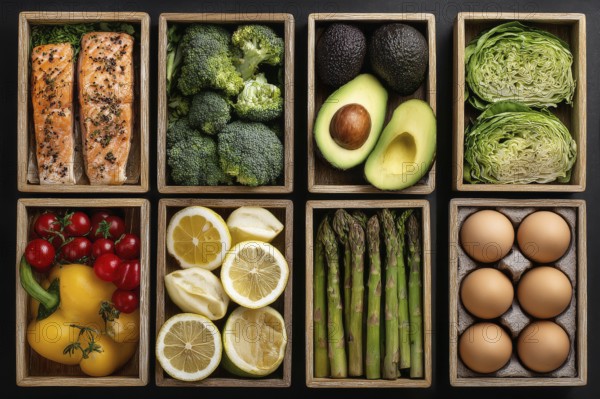 Collage of boxes with healthy food for various diets that improve digestive and heart health, AI generated