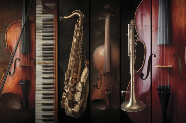 Collage of classical musical instruments, AI generated