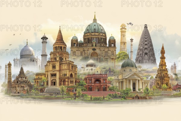 Collage of churches, mosques and hindu temples. Concept of travel and sightseeing, AI generated