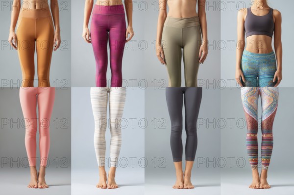 Collage of beautiful women legs in yoga pants. Concept of active sporting lifestyle physical activities and health benefits of exercise, AI generated