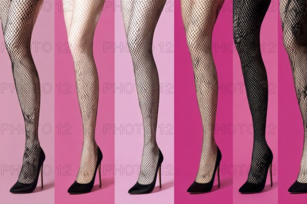 Collage of beautiful women legs in fishnets and high heels, AI generated