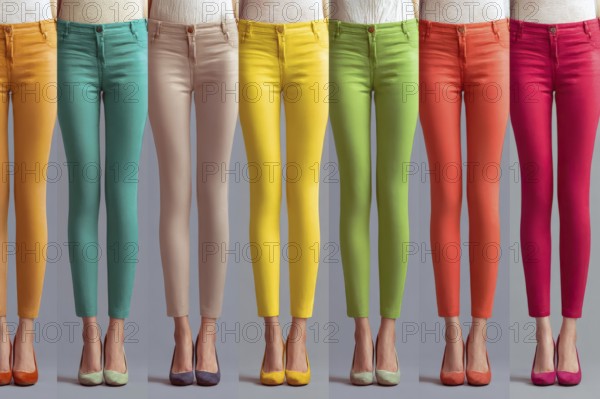Collage of beautiful women legs in coloured pants, AI generated