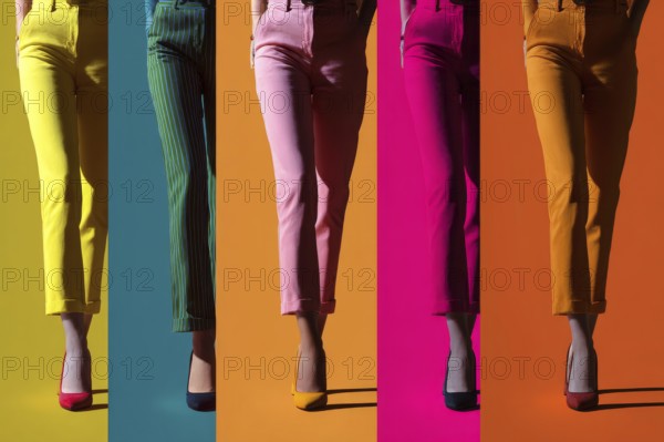 Collage of beautiful women legs in colored pants. Wide angle visual for banners or advertisements. --ar 3:2 --raw --v 7 Job ID: 75e78c46-cee9-48d9-9ebc-2e7af5c8fe7d, AI generated