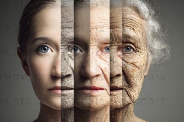 Collage of a face of the same person aging from young to old, AI generated