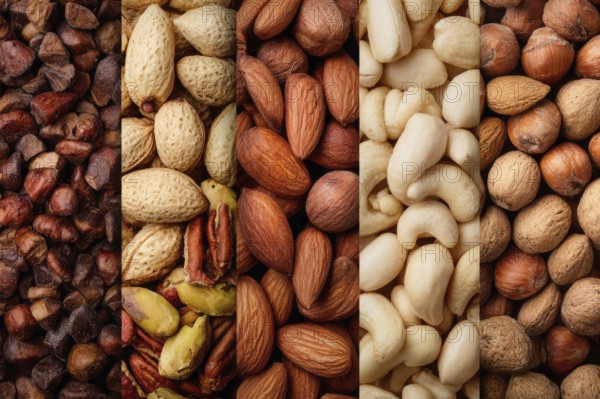 Collage of healthy nuts and legumes that improve heart and digestion health, AI generated