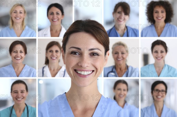 Collage of hospital nurses and medical professionals smiling. Concept of hospitality and excellent service, AI generated