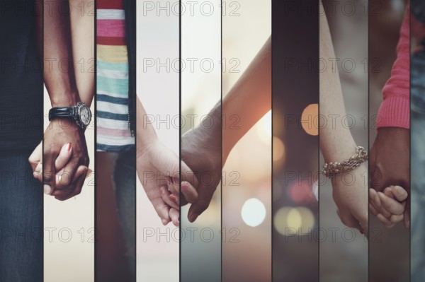 Collage of diverse lovers holding hands together. Concept of love devotion and family values, AI generated