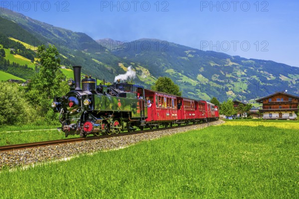 Historic Zillertal railway with steam locomotive, Zillertal, Zillertal Alps, Tyrol, Austria